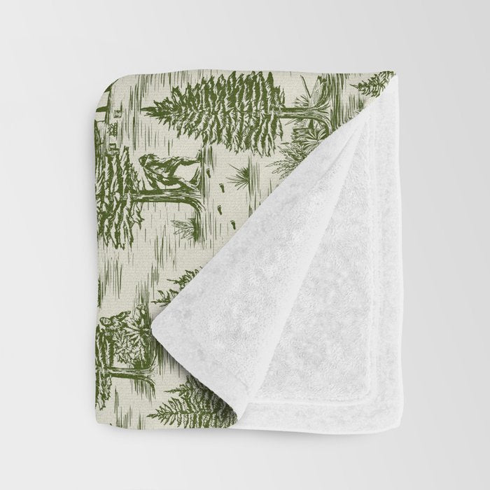 Bigfoot / Sasquatch Toile de Jouy in Forest Green Throw Blanket Gallery Image 3