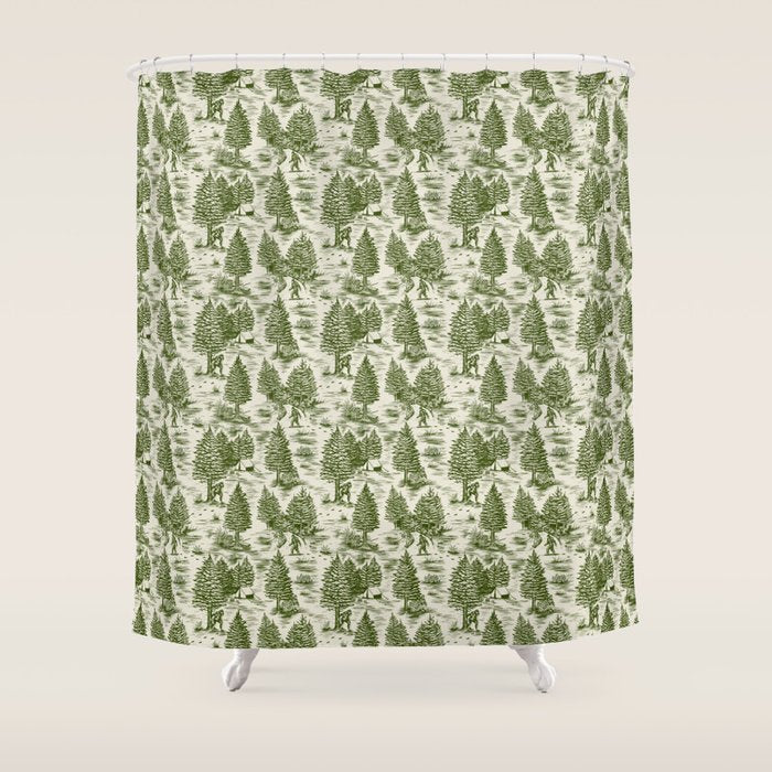 Bigfoot / Sasquatch Toile de Jouy in Forest Green Shower Curtain Gallery Image 1