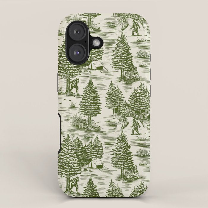 Bigfoot / Sasquatch Toile de Jouy in Forest Green iPhone Case Gallery Image 1