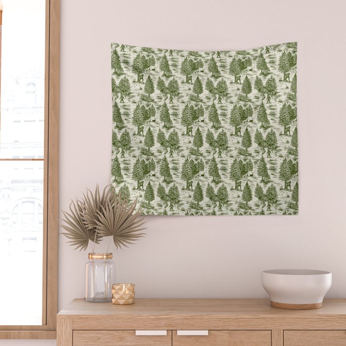 Bigfoot / Sasquatch Toile de Jouy in Forest Green Wall Tapestry Gallery Image 2