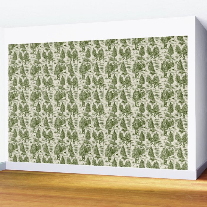 Bigfoot / Sasquatch Toile de Jouy in Forest Green Wall Mural Gallery Image 2