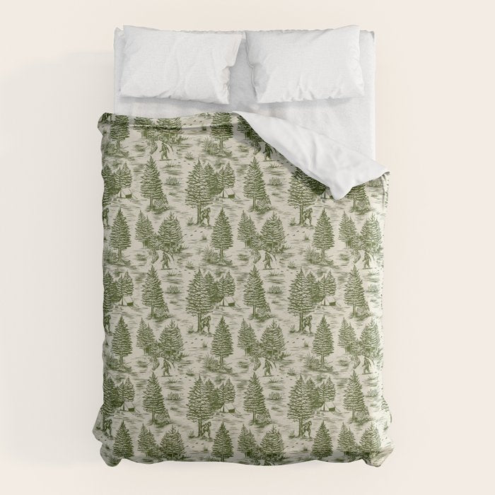 Bigfoot / Sasquatch Toile de Jouy in Forest Green Duvet Cover Gallery Image 1