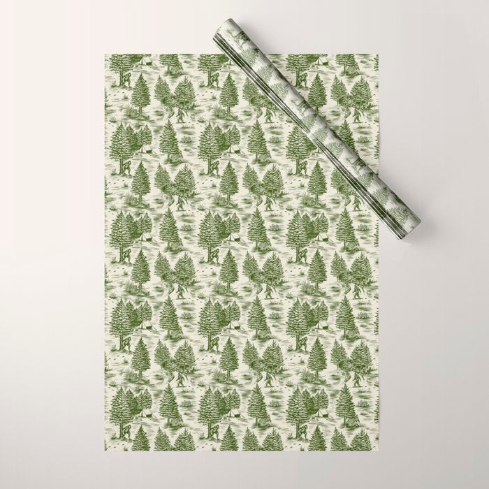 Bigfoot / Sasquatch Toile de Jouy in Forest Green Wrapping Paper Gallery Image 1