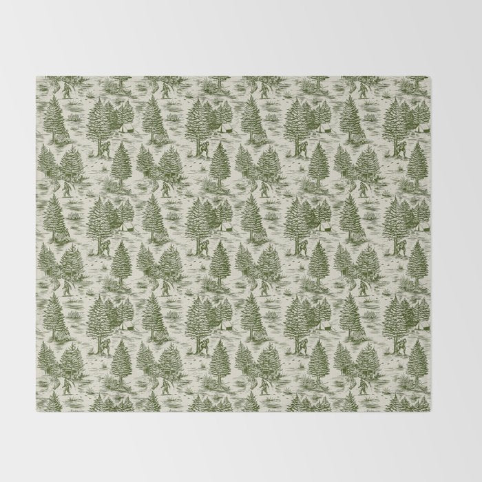 Bigfoot / Sasquatch Toile de Jouy in Forest Green Throw Blanket Gallery Image 2
