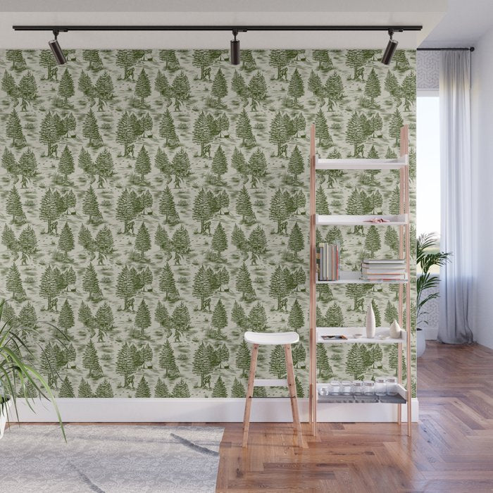 Bigfoot / Sasquatch Toile de Jouy in Forest Green Wall Mural Gallery Image 1