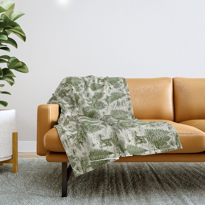 Bigfoot / Sasquatch Toile de Jouy in Forest Green Throw Blanket Gallery Image 1