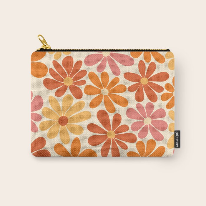 Retro Orange, Yellow & Pink Flower Pattern Carry All Pouch Gallery Image 1