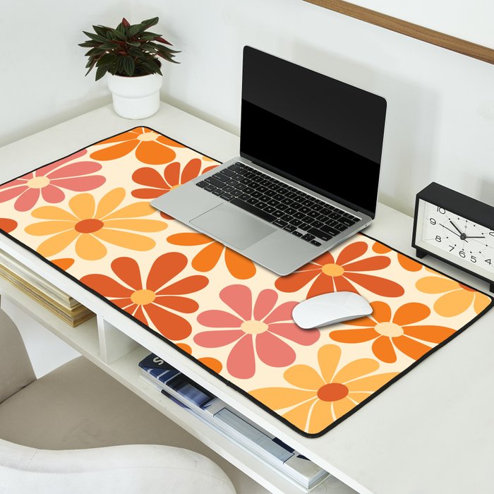 Retro Orange, Yellow & Pink Flower Pattern Desk Mat Gallery Image 2