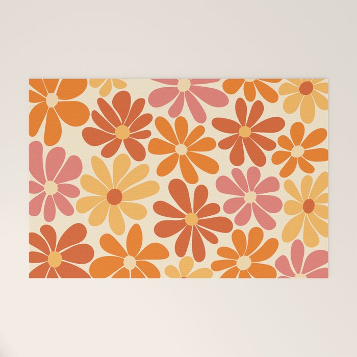 Retro Orange, Yellow & Pink Flower Pattern Welcome Mat Gallery Image 1