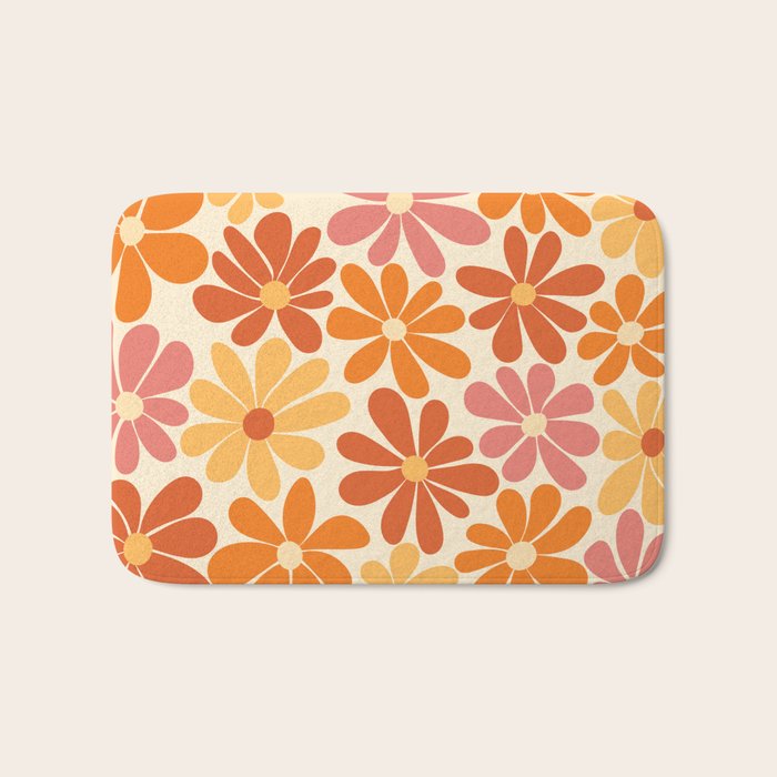 Retro Orange, Yellow & Pink Flower Pattern Bath Mat Gallery Image 1