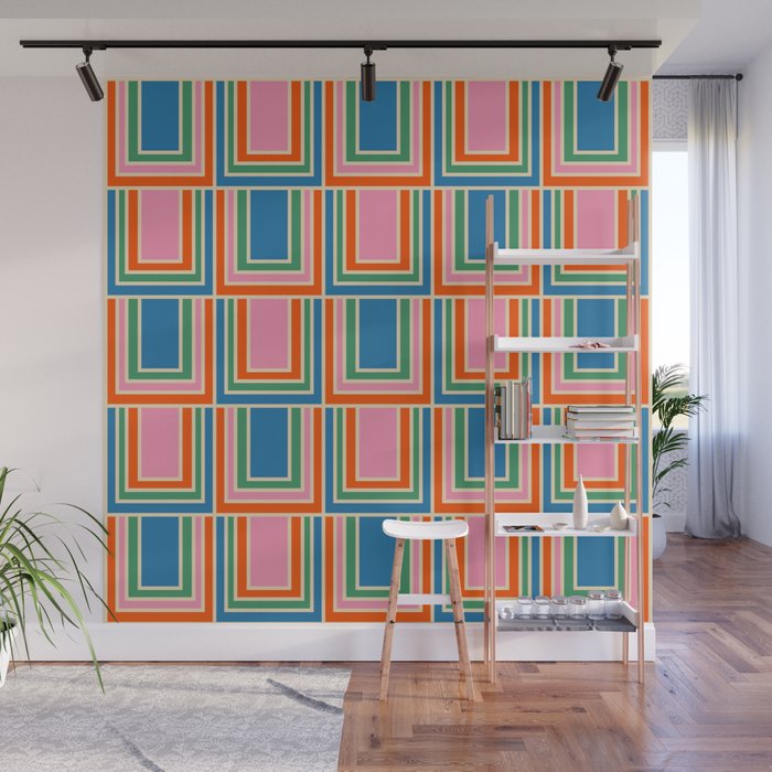 Colorful Retro Geometric Portes Pattern II Blue Orange Pink Green Wall Mural Gallery Image 1
