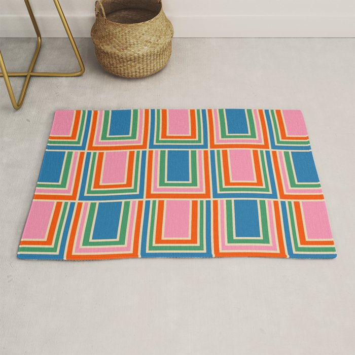 Colorful Retro Geometric Portes Pattern II Blue Orange Pink Green Rug Gallery Image 1