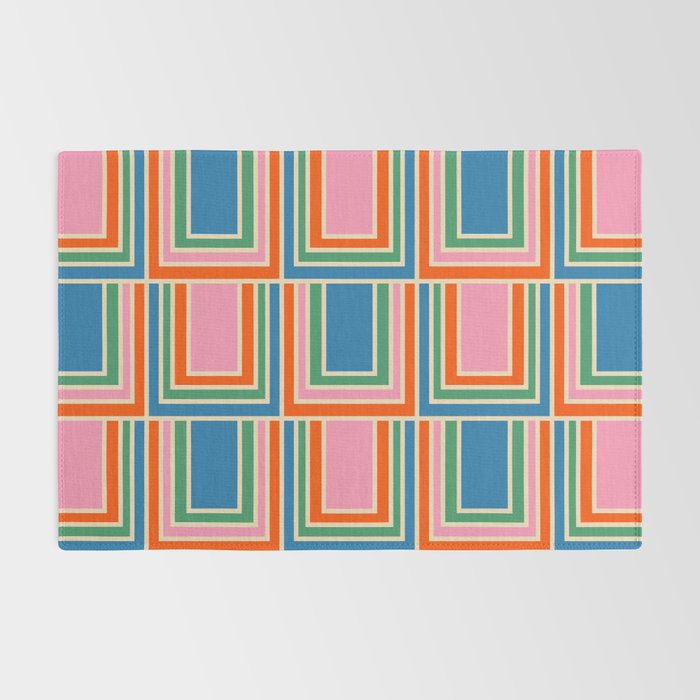 Colorful Retro Geometric Portes Pattern II Blue Orange Pink Green Rug Gallery Image 2