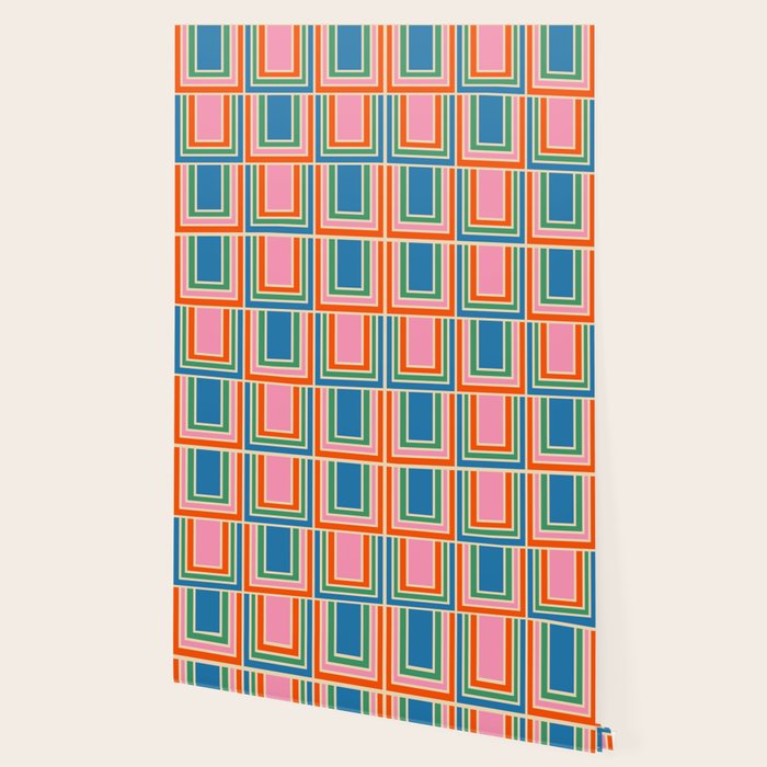 Colorful Retro Geometric Portes Pattern II Blue Orange Pink Green Wallpaper Gallery Image 2