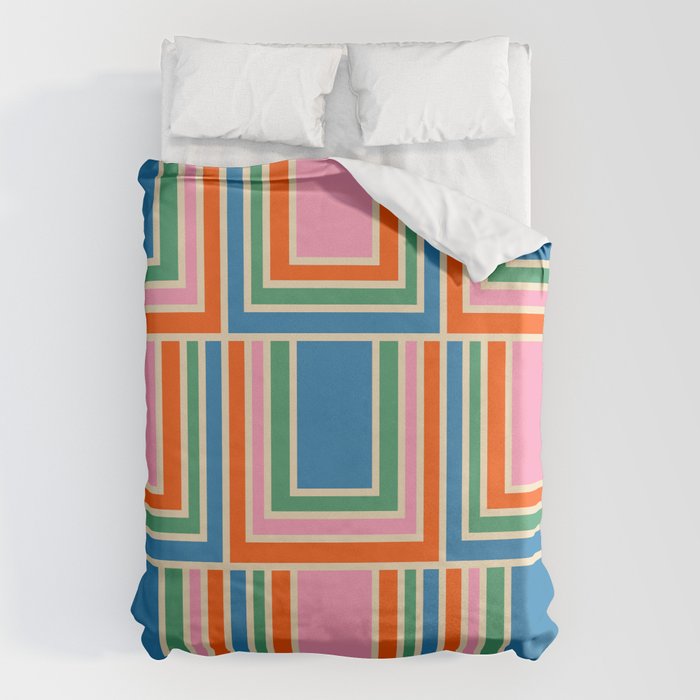 Colorful Retro Geometric Portes Pattern II Blue Orange Pink Green Duvet Cover Gallery Image 6