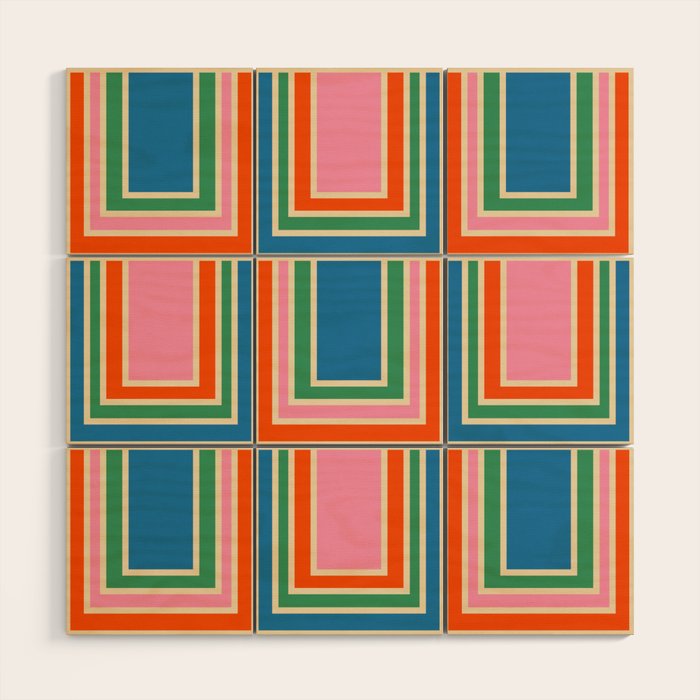 Colorful Retro Geometric Portes Pattern II Blue Orange Pink Green Wood Wall Art Gallery Image 1