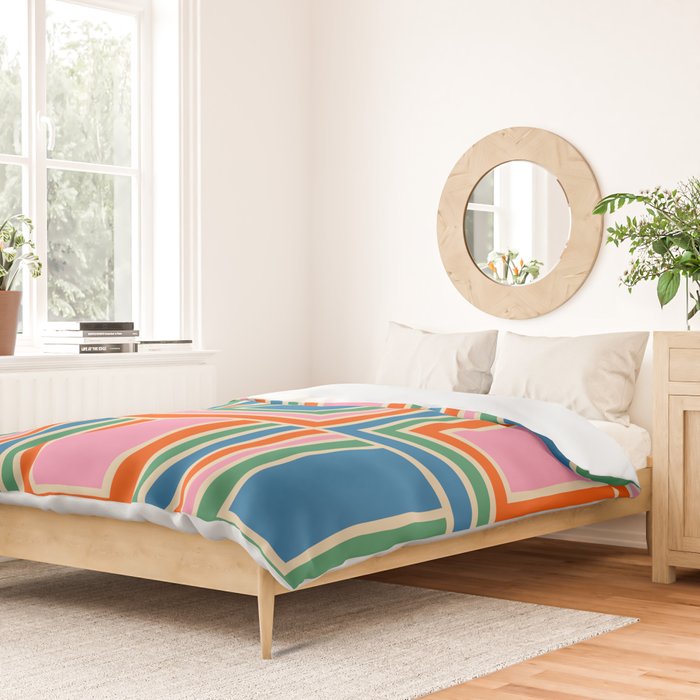 Colorful Retro Geometric Portes Pattern II Blue Orange Pink Green Duvet Cover Gallery Image 2