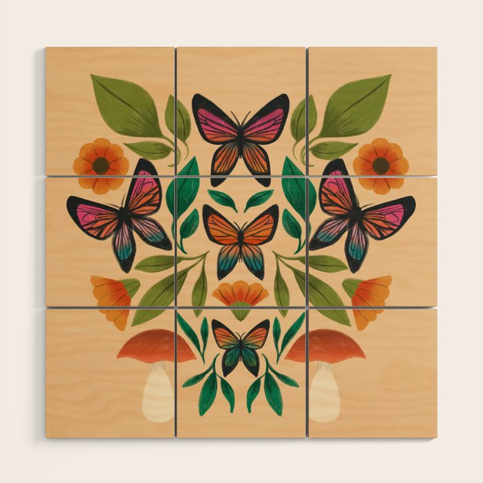 Rainbow Butterfly Garden with Mushrooms Wood Wall Art Gallery Image 1