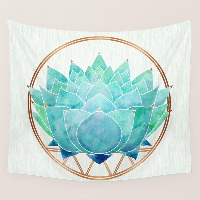 Modern Succulent with Metallic Gold Watercolor Wall Tapestry Gallery Image 4
