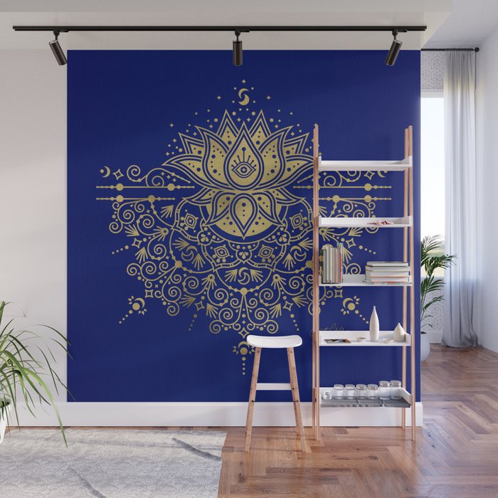 Sacred Lotus Mandala - Navy & Gold Palette Wall Mural Gallery Image 1