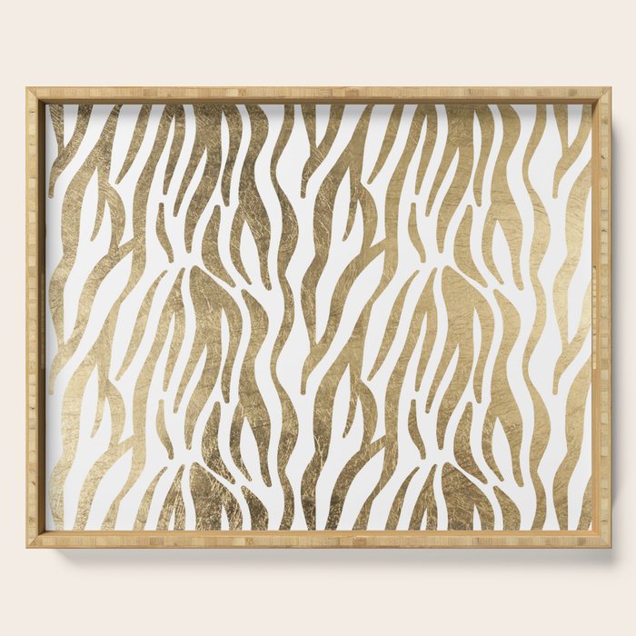Chic faux gold white modern zebra animal print pattern Serving Tray Gallery Image 1