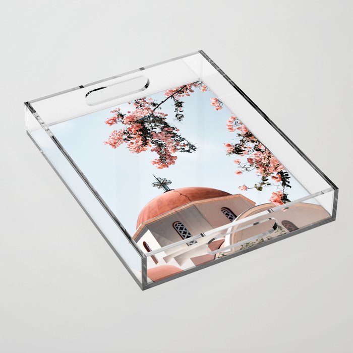 Summer In Greece Art Print | Pink Flowers Photo | Crete Island Holiday | Europe Travel Photography Acrylic Tray Gallery Image 1