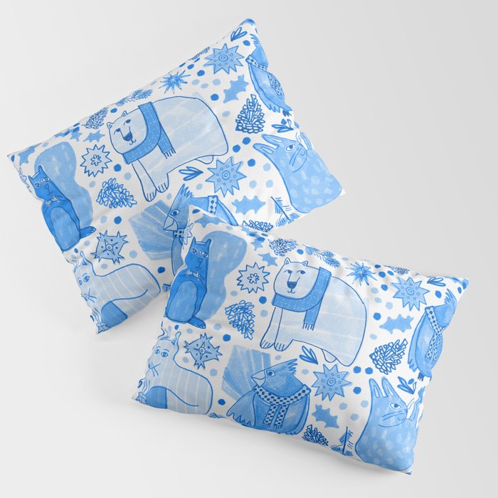 Winter Forest Woodland Animals in Blue Pillow Sham Gallery Image 1