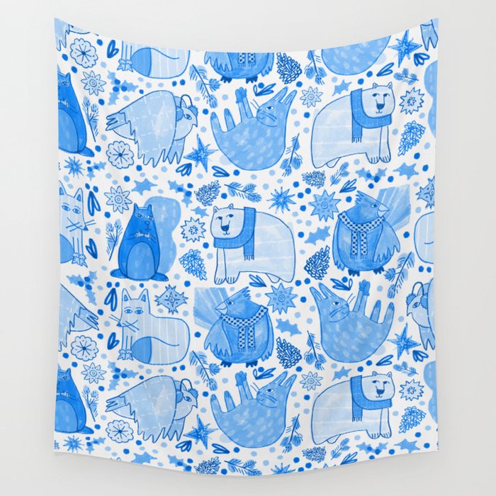 Winter Forest Woodland Animals in Blue Wall Tapestry Gallery Image 4