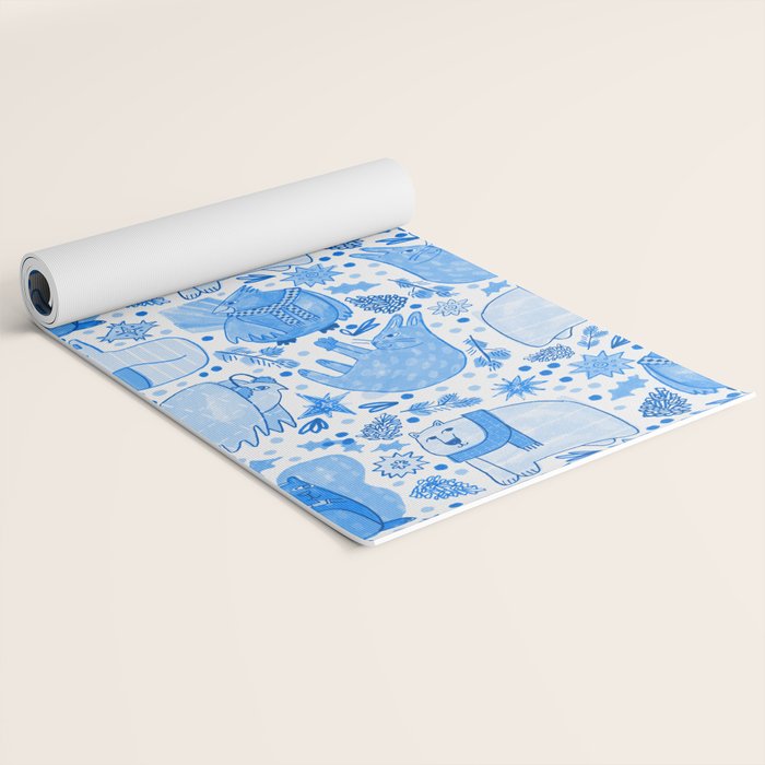 Winter Forest Woodland Animals in Blue Yoga Mat Gallery Image 2