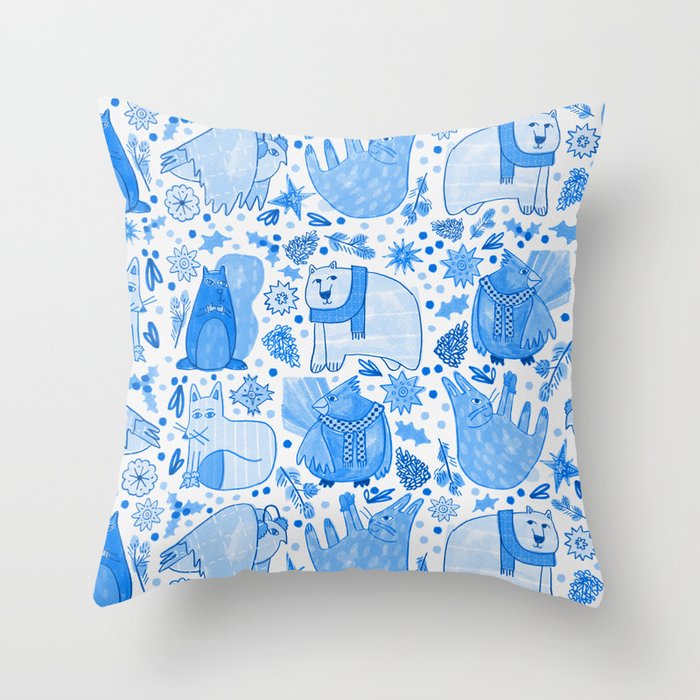 Winter Forest Woodland Animals in Blue Throw Pillow Gallery Image 1