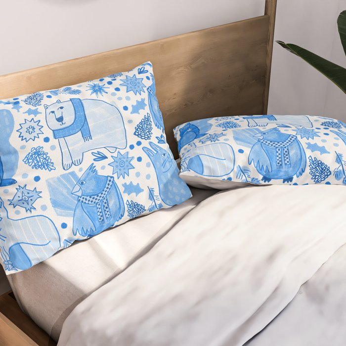 Winter Forest Woodland Animals in Blue Pillow Sham Gallery Image 2