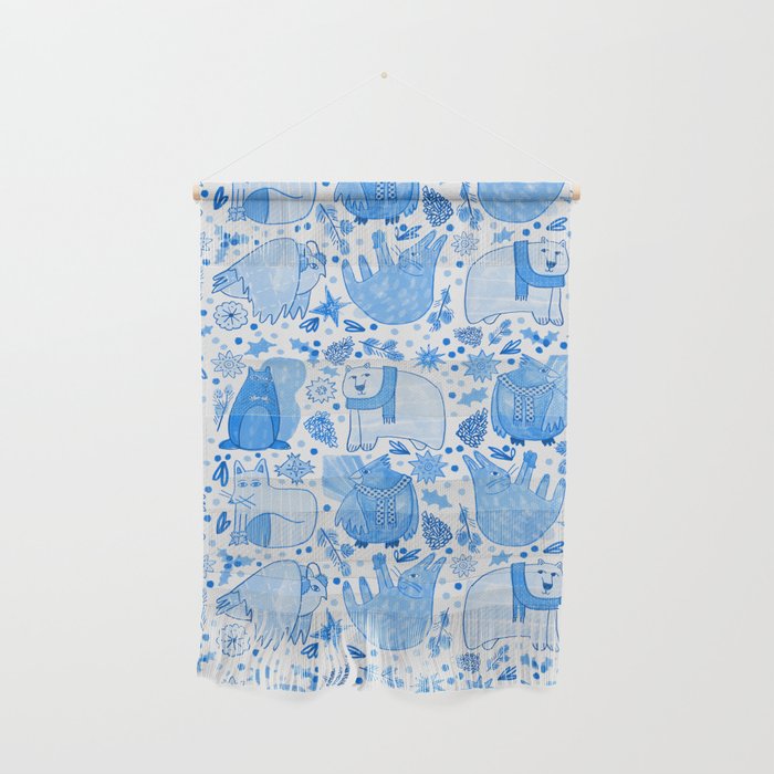 Winter Forest Woodland Animals in Blue Wall Hanging Gallery Image 1