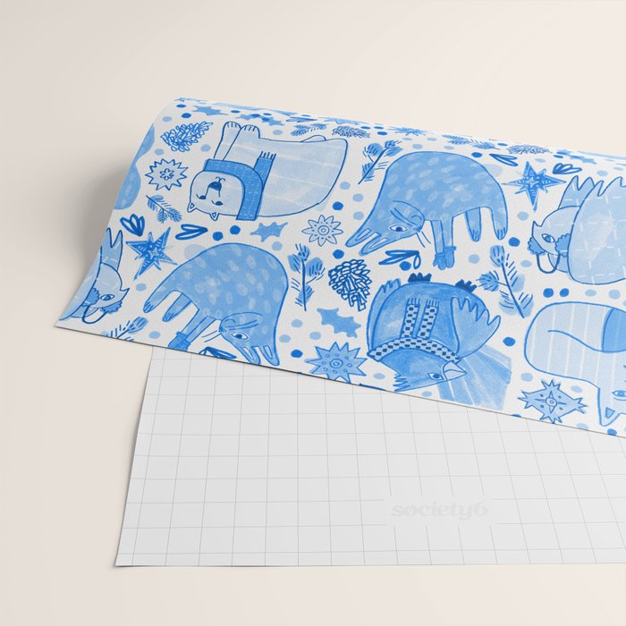 Winter Forest Woodland Animals in Blue Wrapping Paper Gallery Image 2