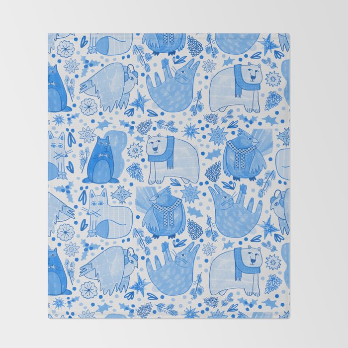 Winter Forest Woodland Animals in Blue Throw Blanket Gallery Image 2