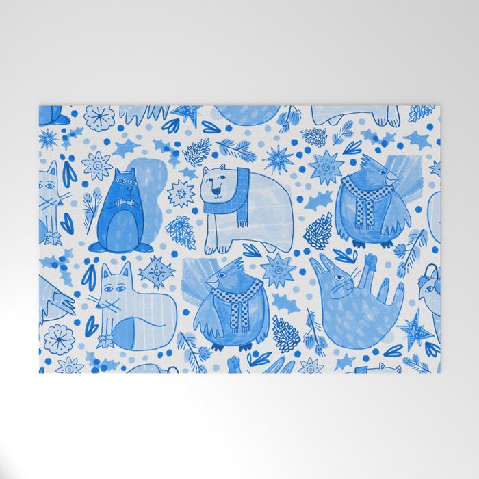 Winter Forest Woodland Animals in Blue Welcome Mat Gallery Image 1