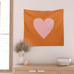 Cute Pink Heart on Orange Minimal Wall Tapestry Gallery Image 2