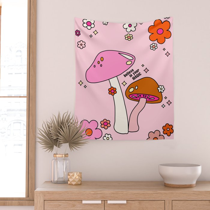 Colorful Mushrooms And Flowers In Pink Wall Tapestry Gallery Image 2