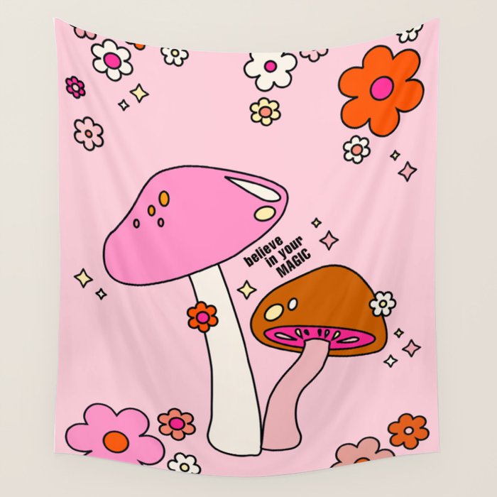 Colorful Mushrooms And Flowers In Pink Wall Tapestry Gallery Image 4
