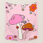 Colorful Mushrooms And Flowers In Pink Wall Tapestry Gallery Image 4
