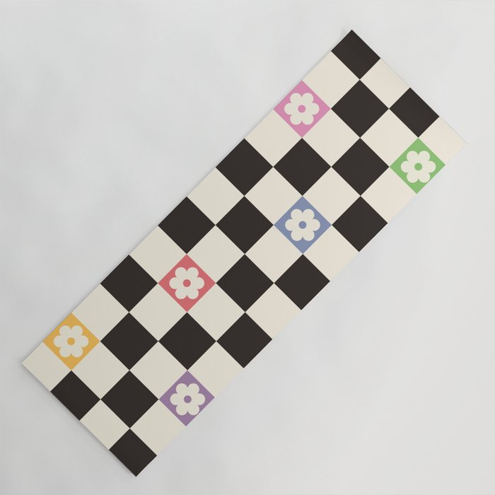 Colorful Flowers Black&White Checker Yoga Mat Gallery Image 1