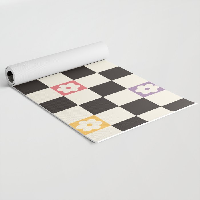 Colorful Flowers Black&White Checker Yoga Mat Gallery Image 2