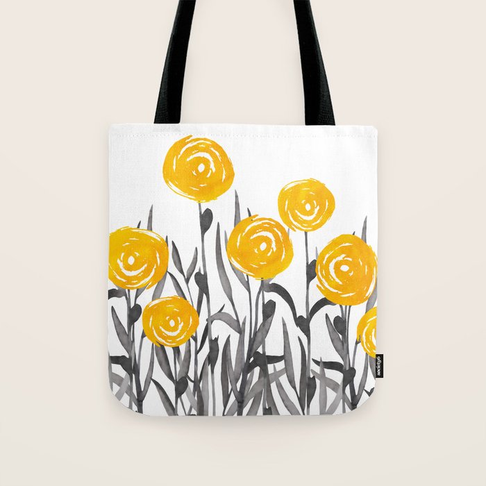 Fall Sunshine, Floral Watercolor Print, Yellow and Gray Tote Bag Gallery Image 1
