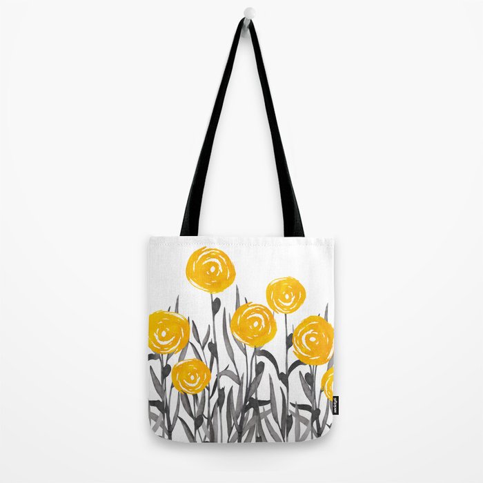 Fall Sunshine, Floral Watercolor Print, Yellow and Gray Tote Bag Gallery Image 2