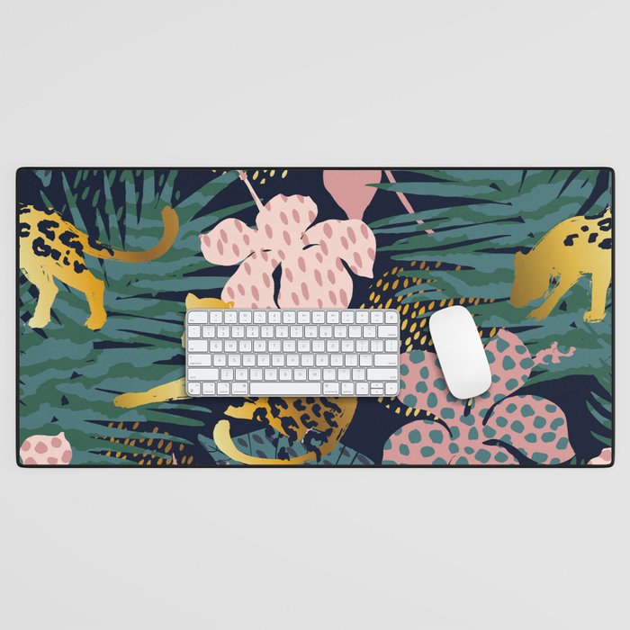 Exotic Golden Jungle Leopard & Pink Palm Leaf Geometric Pattern Desk Mat Gallery Image 1