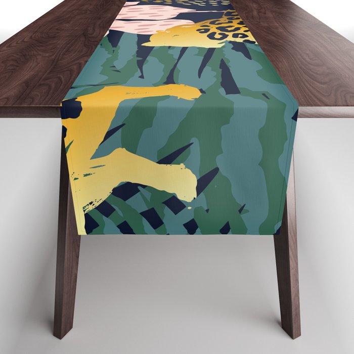 Exotic Golden Jungle Leopard & Pink Palm Leaf Geometric Pattern Table Runner Gallery Image 1