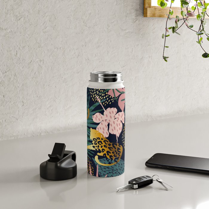 Exotic Golden Jungle Leopard & Pink Palm Leaf Geometric Pattern Water Bottle Gallery Image 4