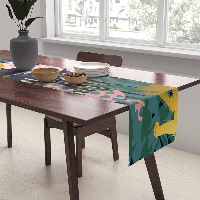 Exotic Golden Jungle Leopard & Pink Palm Leaf Geometric Pattern Table Runner Gallery Image 2