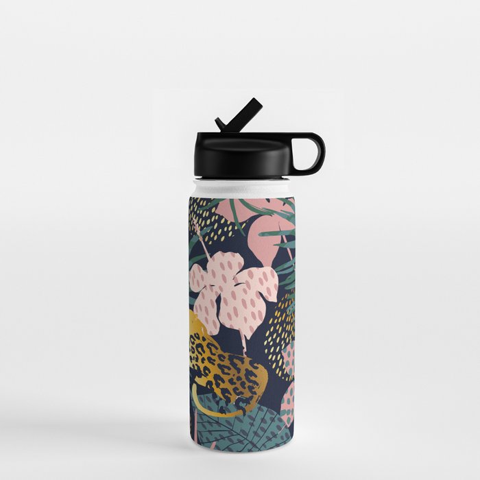 Exotic Golden Jungle Leopard & Pink Palm Leaf Geometric Pattern Water Bottle Gallery Image 1