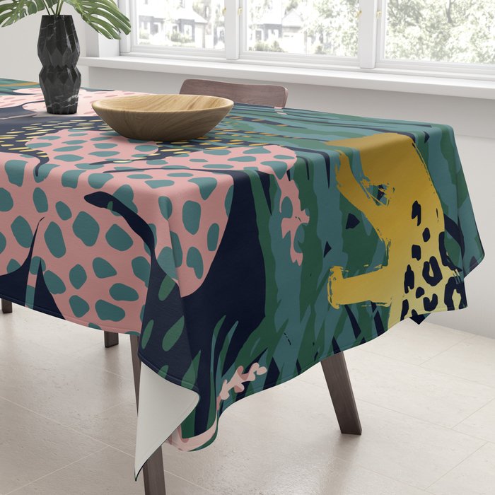 Exotic Golden Jungle Leopard & Pink Palm Leaf Geometric Pattern Tablecloth Gallery Image 3