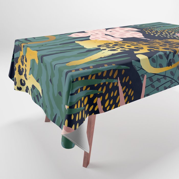 Exotic Golden Jungle Leopard & Pink Palm Leaf Geometric Pattern Tablecloth Gallery Image 1
